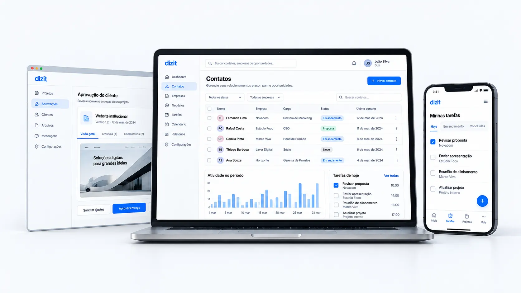Exemplo de sistema comercial no computador, portal de aprovações e acompanhamento de tarefas no celular